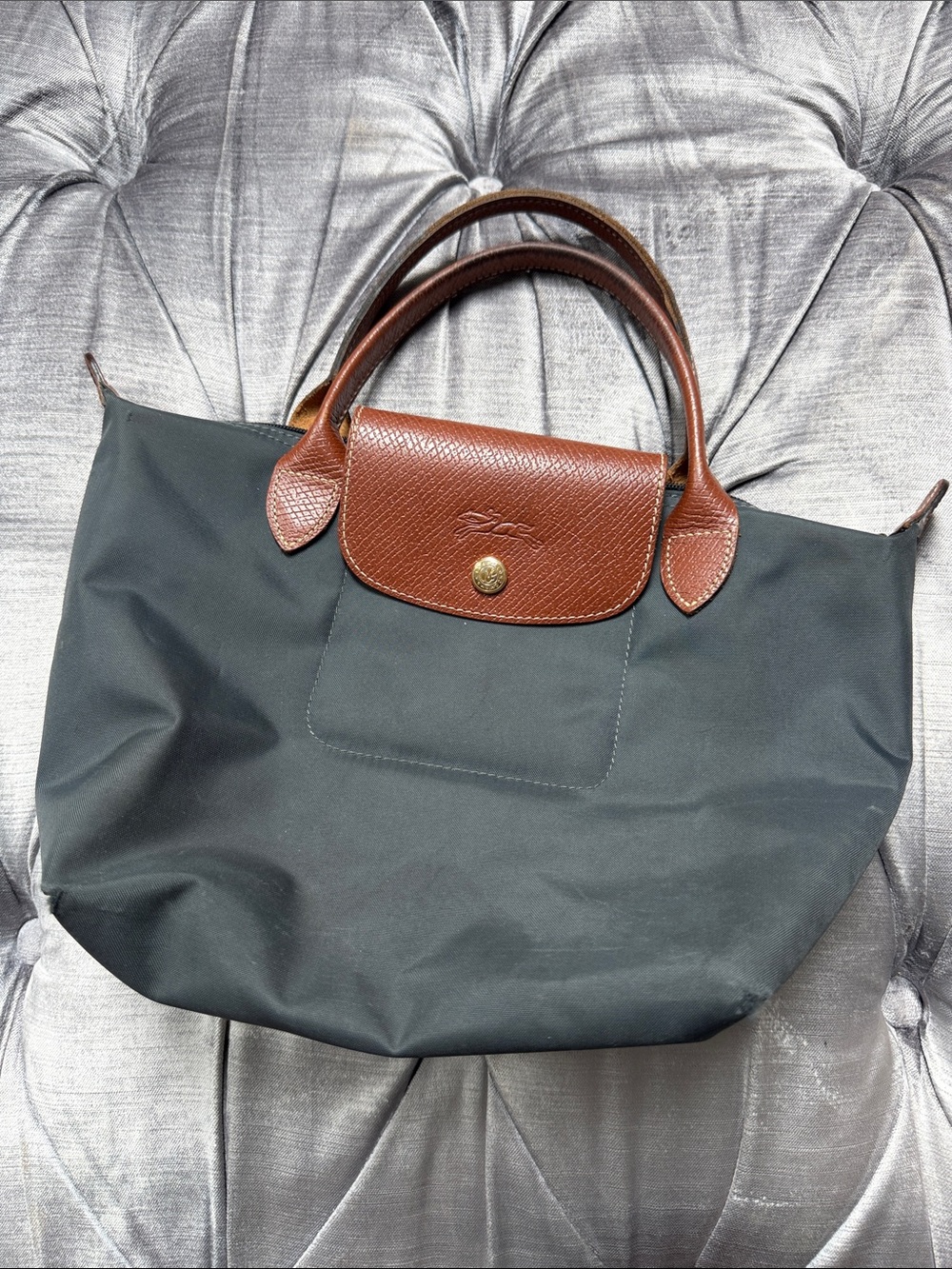 Longchamp Grey Tote with Brown Leather Trim